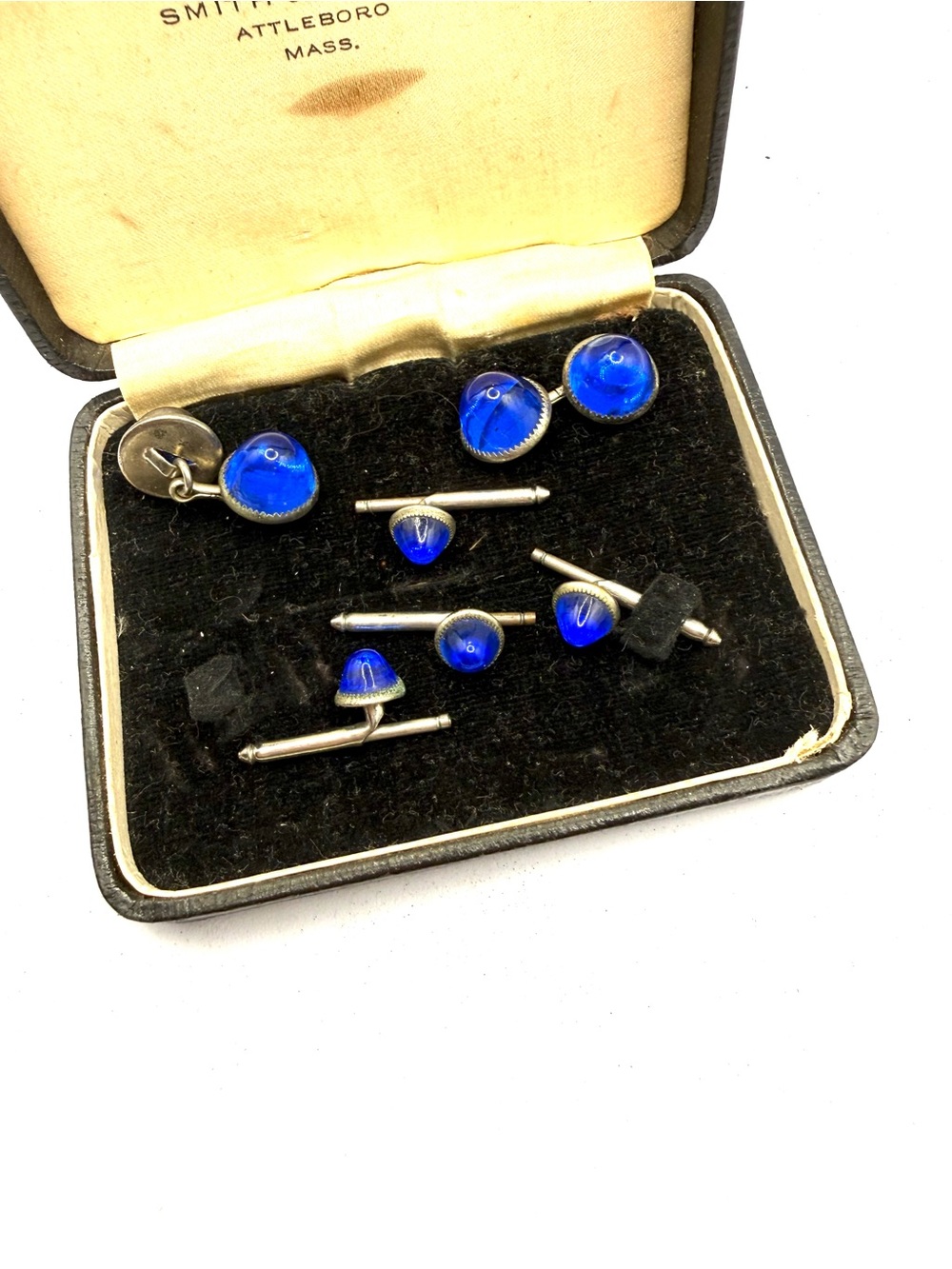 Antique Art Seco Men's Blue Glass Cufflink and Stud Set